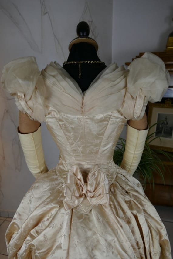 1888 Peach Bustle Ball Gown, antique dress, antiqu