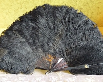 1895 Black Ostrich Feather Fan, antique fan, Victorian Fan