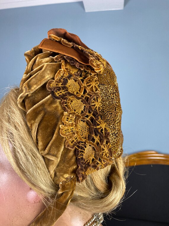 1884 Embroidered Velvet Bonnet, antique bonnet, v… - image 6
