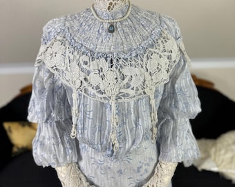 Robe d'été édouardienne 1903, robe deux pièces ancienne, coton fleuri bleu