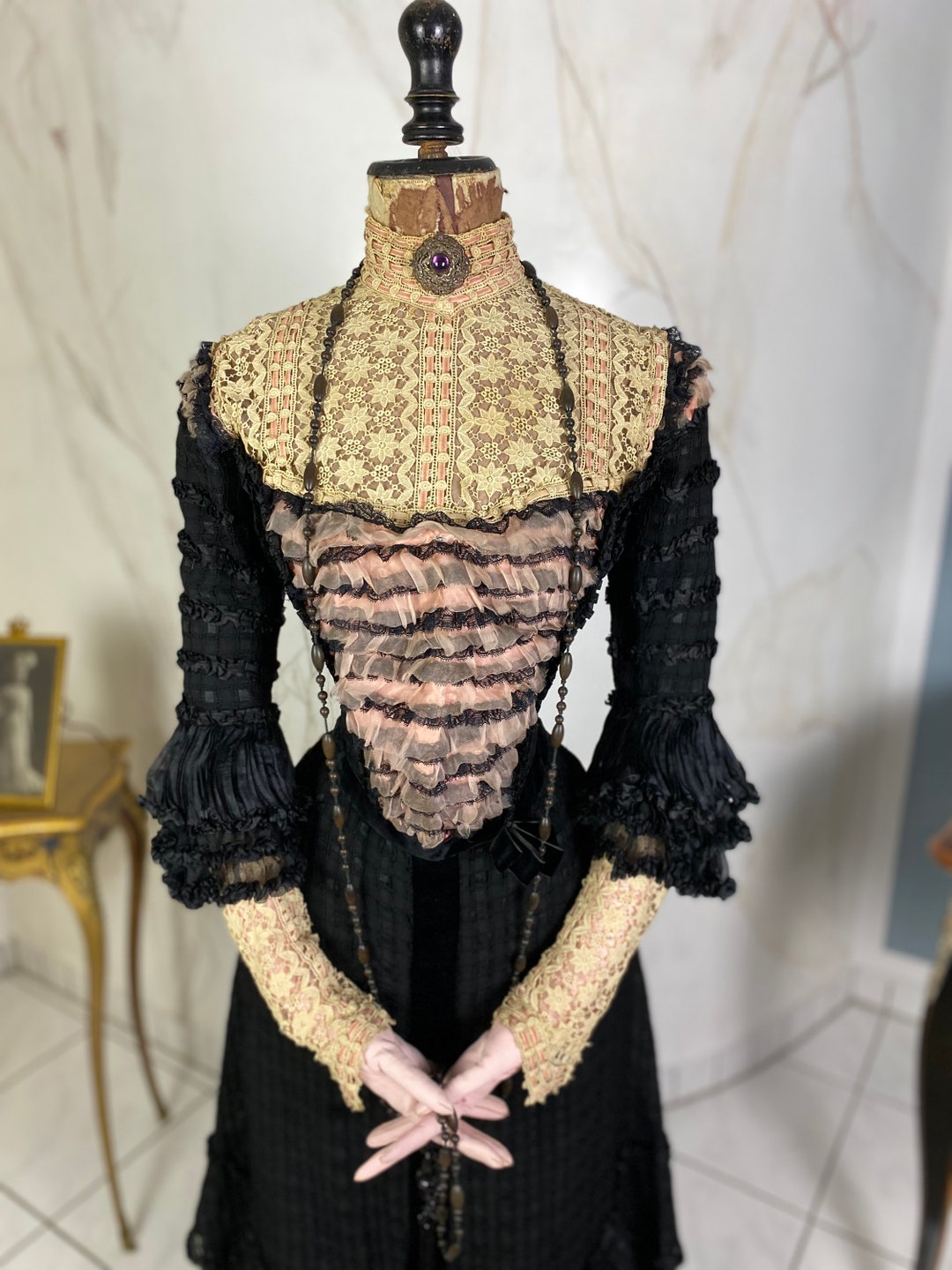 1890s 年代頃 ヴィクトリアン フランス アンティークドレス シルク 1890s 年代頃 ヴィクトリアン フランス アンティークドレス シルク