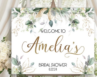 Personalized Bridal Shower Sign with Watercolor Eucalyptus and gold Accents