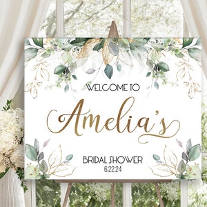 Personalized Bridal Shower Sign with Watercolor Eucalyptus and gold Accents, Printed or Digital