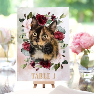 10 cópias de números de mesa de casamento com sua ilustração de animal de estimação, decoração de mesa de casamento