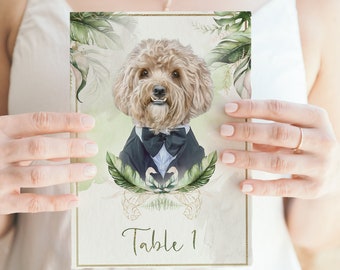 Tropical Wedding | Table Numbers, with your Pet Illustration, Wedding Table Decor, Palm Leaves Decor