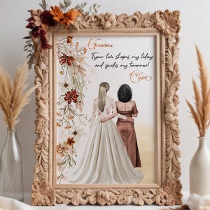 Personalized Grandma Portrait: Watercolor Terracotta Florals, Custom Grandparents Gift