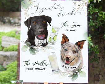 Pet Signature Drink Sign, with two Pets and Drinks, Custom Bar Sign, Rustic Wedding Decor, Dog Bar Sign, Cat Sign, Dog Signature Drink Sign