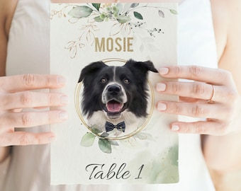 EUCALYPTUS | Numéros de table de mariage verdure avec illustration de votre animal de compagnie, téléchargement numérique, décoration de table de mariage, mariage de chien