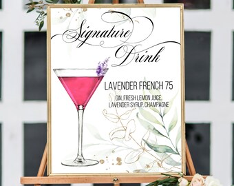 French 75 Lavender, Watercolor Drink Illustration, Printable Wedding Signs, Cocktail Sign, French 75 Sign, Signature Drink Sign