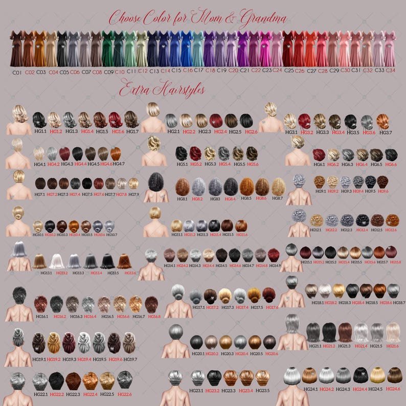 Op de afbeelding: Een grafiek met kleurstalen en kapselkeuzes om een digitale illustratie aan te passen. De grafiek bevat 34 kleurstalen met de labels CO1 tot C34 en 47 kapselkeuzes met de labels HG1 tot HG47.