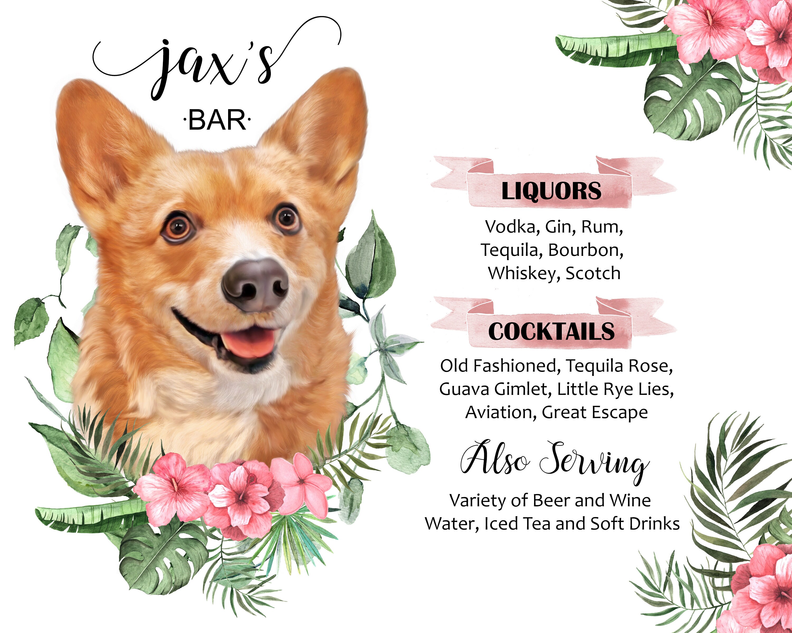 Tropical Hibiscus Dog Signature Cocktail Sign Printable Etsy