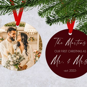 First Christmas Married Ornament, Mr And Mrs Photo, Our First Christmas, 4 inches Christmas Ornament,  Custom Wedding Couple
