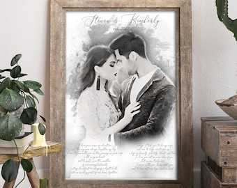 1st anniversary gift, Wedding Vows Art, Wedding Vows Gift, Sketch from photo, Vow Renewal, Gift for Her, Wedding Vows Print