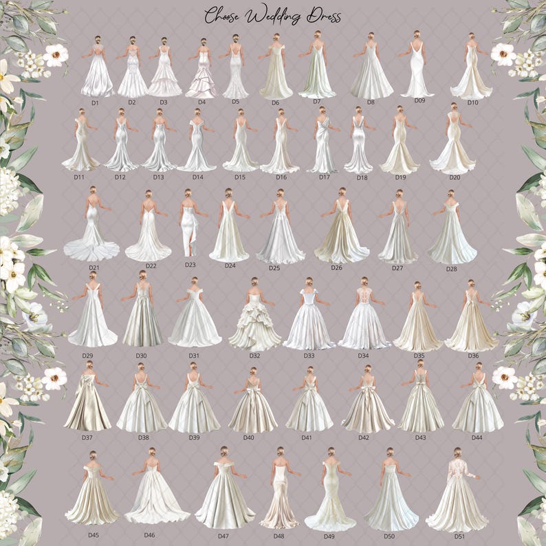 Op de afbeelding: Een grafiek met 51 verschillende bruidsjurk-ontwerpen. Elke jurk is ge&iuml;llustreerd in wit en ivoor met verschillende stijlen, waaronder baljurken, zeemeermin-silhouetten en A-lijn jurken. De grafiek is gelabeld "Kies een bruidsjurk" en elke jurk is genummerd van D1 tot D51.
