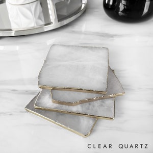 Quartz Coasters, Rose Quartz Coaster, Natural Stone, Gold Electroplated Rim, Square Slice Coaster, White Quartz, Pink Crystal, Gemstone Tray image 3