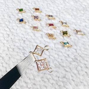 Conector de diamante con piedra de nacimiento, chapado en oro de 14 k y plata de ley, conectores para joyería permanente, dijes de circonita con forma de rombo cuadrado.