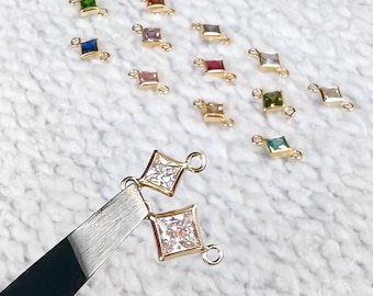 Diamanten geboortesteenconnector, 14k verguld en sterling zilver, connectoren voor het maken van permanente sieraden, vierkante ruitvormige zirkoonsteenbedels