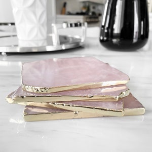 Quartz Coasters, Rose Quartz Coaster, Natural Stone, Gold Electroplated Rim, Square Slice Coaster, White Quartz, Pink Crystal, Gemstone Tray Rose Quartz