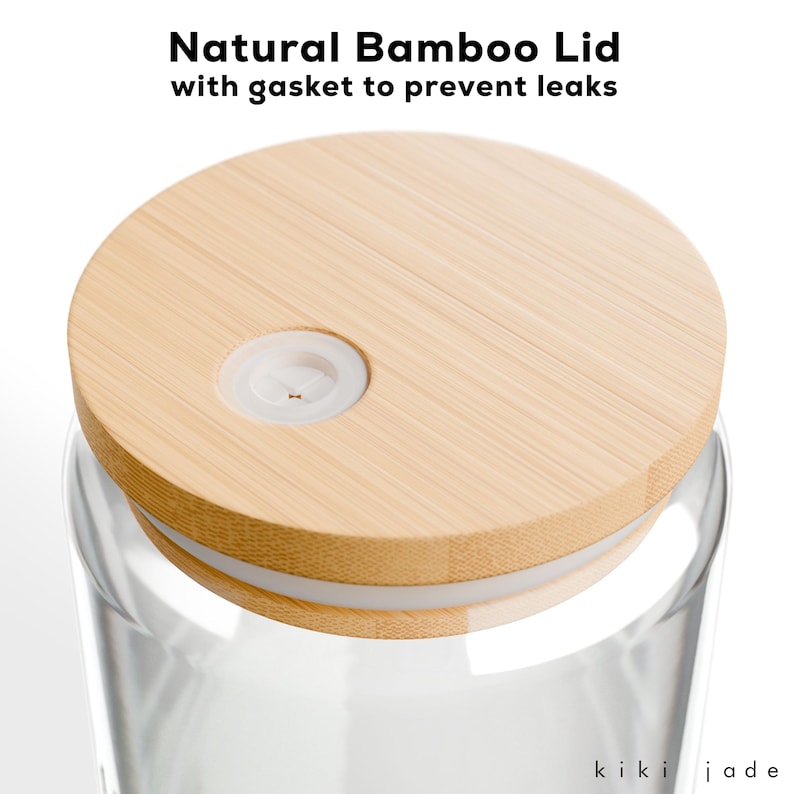 May include: A clear glass jar with a natural bamboo lid. The lid has a white gasket to prevent leaks. The lid has a small hole in the center.