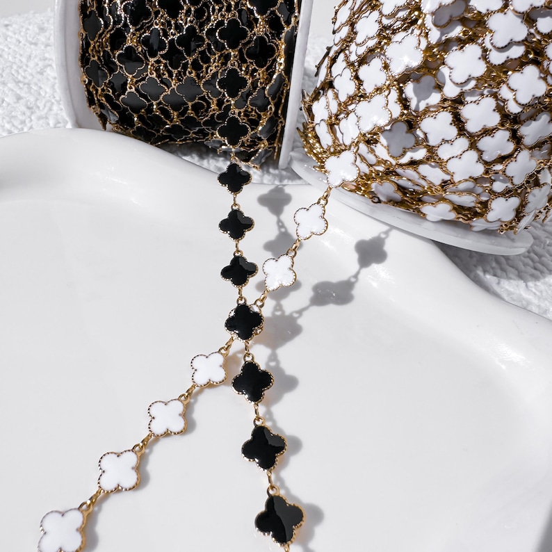 PVD Stainless Steel Clover Enamel Chain, Black & White Enamel Clover ...