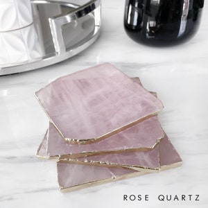Quartz Coasters, Rose Quartz Coaster, Natural Stone, Gold Electroplated Rim, Square Slice Coaster, White Quartz, Pink Crystal, Gemstone Tray image 7