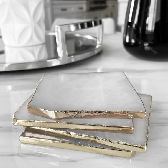 Quartz Coasters Rose Quartz Coaster Natural Stone Gold Etsy
