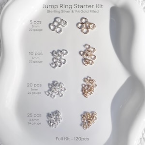 May include: A Jump Ring Starter Kit with sterling silver and 14k gold filled jump rings. The kit includes various sizes: 5mm, 4mm, 3mm, and 2.5mm, with gauges 22 and 24. The full kit contains 120 pieces.