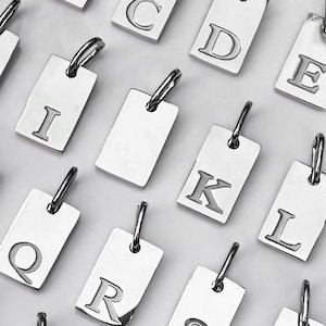Puede incluir: Pendientes de encanto de plata con diferentes letras del alfabeto. Cada encanto es una pequeña etiqueta rectangular con una letra grabada en ella.