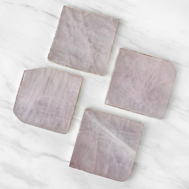 Quartz Coasters, Rose Quartz Coaster, Natural Stone, Gold Electroplated Rim, Square Slice Coaster, White Quartz, Pink Crystal, Gemstone Tray image 6