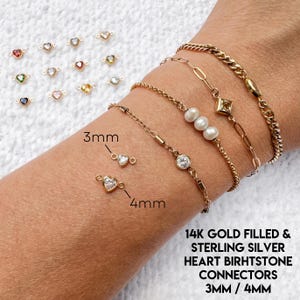 Heart Birthstone Connector, 14k Gold Filled & Sterling Silver, Connectors For Permanent Jewelry, Jewelry Making, Zodiac Zircon Stone 3mm 4mm
