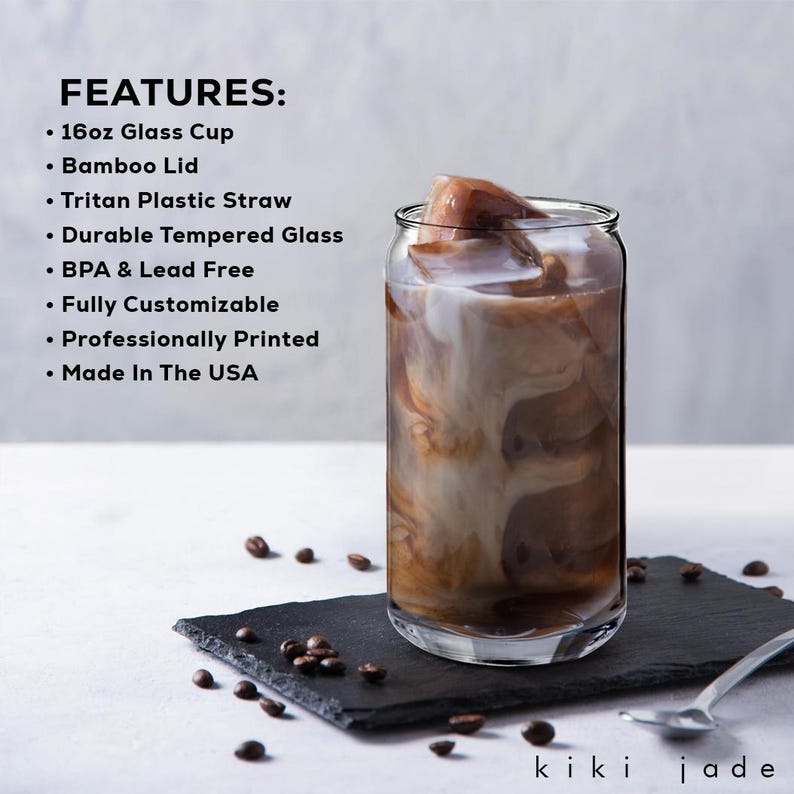 May include: A 16-ounce glass cup with a bamboo lid and a Tritan plastic straw. The cup is filled with iced coffee and ice cubes. The cup is made of durable tempered glass and is BPA and lead free. It is fully customizable and professionally printed. Made in the USA.