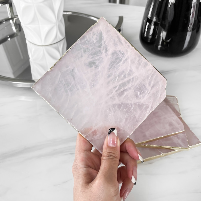 Quartz Coasters, Rose Quartz Coaster, Natural Stone, Gold Electroplated Rim, Square Slice Coaster, White Quartz, Pink Crystal, Gemstone Tray image 8