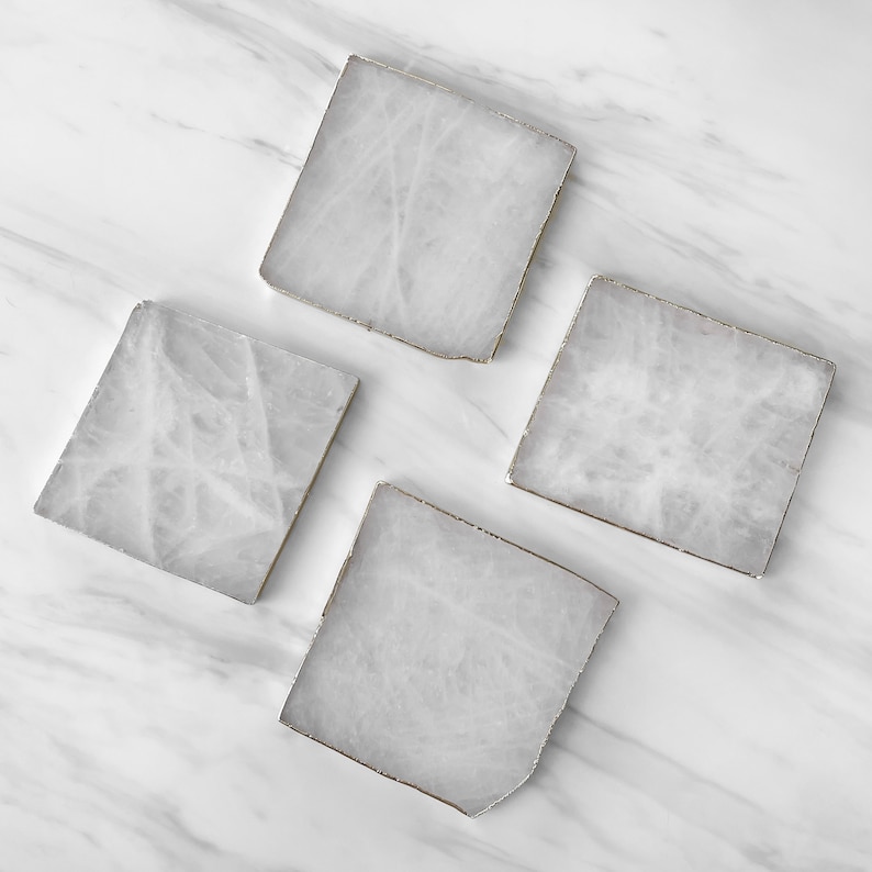 Quartz Coasters, Rose Quartz Coaster, Natural Stone, Gold Electroplated Rim, Square Slice Coaster, White Quartz, Pink Crystal, Gemstone Tray image 2