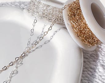 14k Gold Filled Heart Chain, Sterling Silver Open Heart Link Chain, Permanent Jewelry, Jewelry Making Supplies, Bulk Chain By The Foot