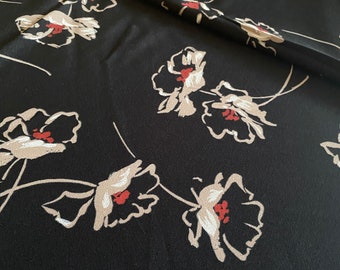 Black Cream Floral 70s Klopman Burlington Fabric Material