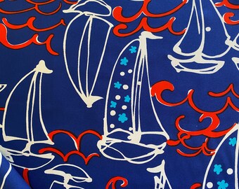 1 Yard Blue Red 70s Sailboat Nautical Fabric