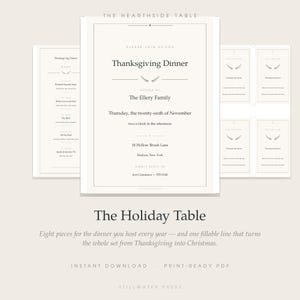 May include: A printable Thanksgiving dinner invitation template in black text on a cream background. The card features the text "Please join us for Thanksgiving Dinner," "The Ellery Family," date, time, address, and RSVP details with a laurel icon.