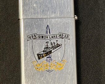 USS Simon Lake Submarine Tender AS-33 Zippo Slim Lighter - 1972 Used