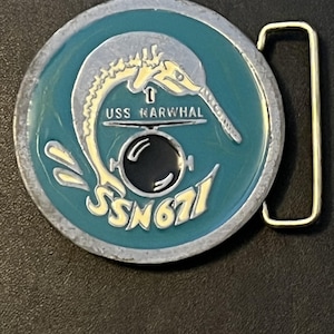 USS Narwal Submarine SSN671 Pewter/Enamel Navy Belt Buckle - Used: For Leather belt