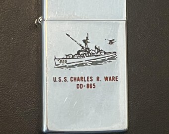 USS Charles R Ware Destroyer DD 865 Zippo Slim Lighter - Used 1962