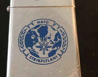 NATO Strike Fleet Atlantic StrikFLTLANT w/ Engraving on Reverse &#39;Presented by Admiral V P de Poix&#39; Zippo Slim Lighter - Used 1971