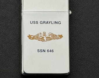 NOS USS Grayling Submarine SSN-646 Zippo Slim Lighter - 1982 New