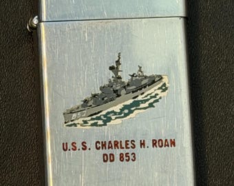 USS Charles H Roan Destroyer DD 853  Zippo Slim Lighter - Town and Country - Used 1964