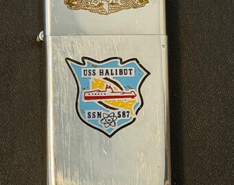 USS Halibut Submarine SSN 587 Zippo Slim Lighter - 1974 Used