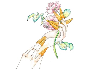 Bugle Manicure Print, 90s Kid Print, Botanical Art, Watercolor Rose Illustration, Flowers and Chips Hand Model Drawing