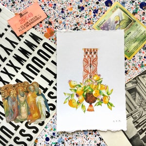 May include: A watercolor painting of a macrame plant hanger with a brown pot and yellow flowers. The hanger is made of orange and brown yarn and has a fringe at the bottom. The painting is signed "AER" in the bottom right corner.