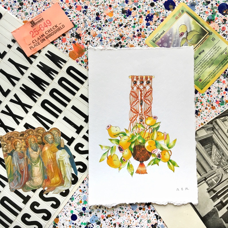 May include: A watercolor painting of a macrame plant hanger with a brown pot and yellow flowers. The hanger is made of orange and brown yarn and has a fringe at the bottom. The painting is signed "AER" in the bottom right corner.