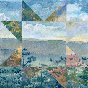 May include: A watercolour painting of a landscape scene, divided into geometric shapes. The artwork shows a serene vista with rolling hills, trees, and a cloudy sky. The colour palette includes shades of blue, green, and brown.