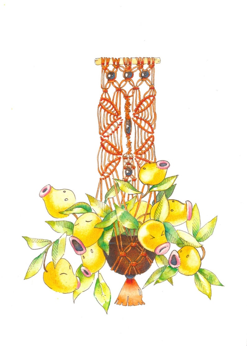 May include: A watercolor painting of a macrame plant hanger with a yellow and green plant with multiple yellow flowers. The plant hanger is made of brown string and has a wooden dowel at the top.