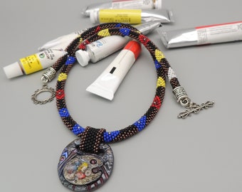 Bead Crochet Necklace with Handcrafted Artist's Palette Focal